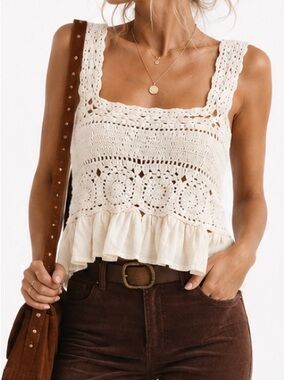 Cream Crochet Knit Babydoll Top with Ruffles